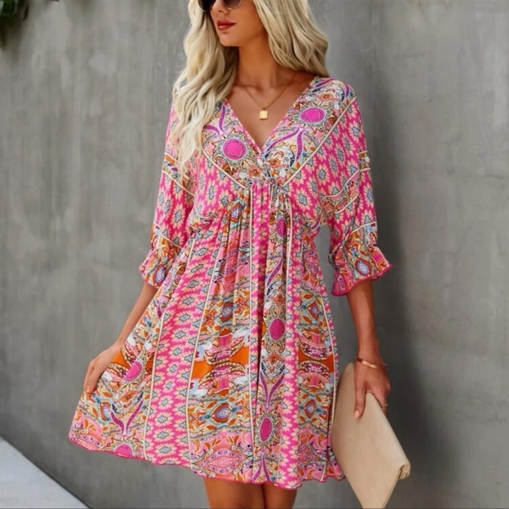 New Plunge V Neck Boho Print Mini Dress Pink Open Tie Back Coverup - Picture 8 of 8